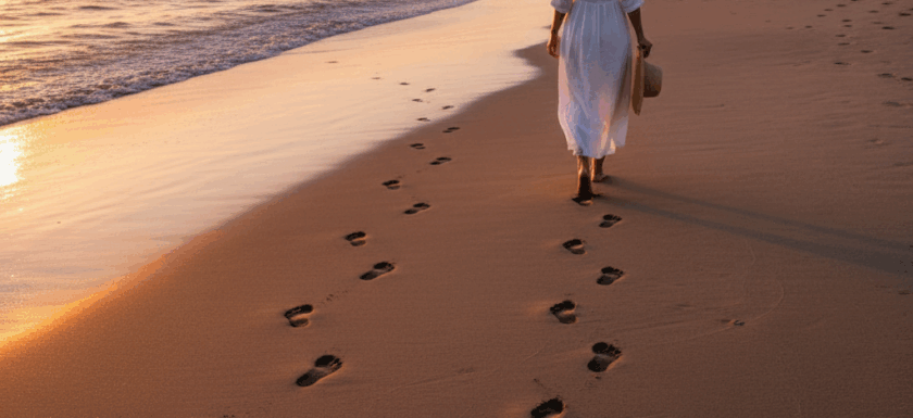 Eine Frau die alleine am Strand läuft